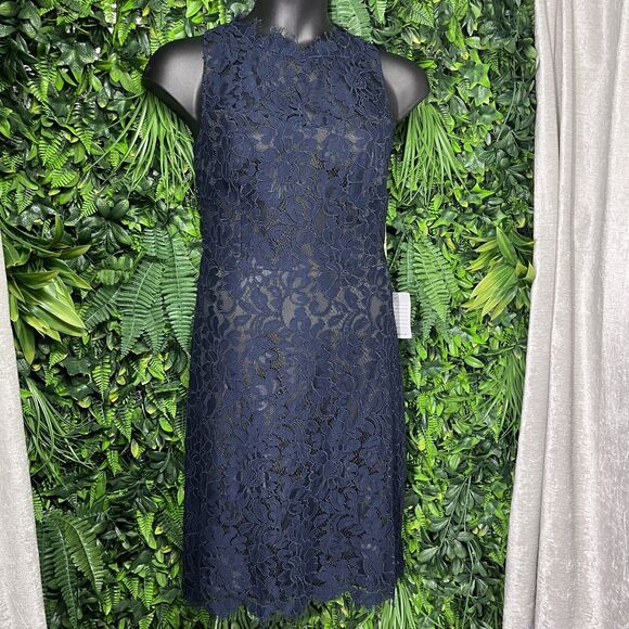 ELIZA J Dress Women 16 Blue High Neck Floral Eye Lash Lace Cocktail NWT 2289 - Picture 3 of 8